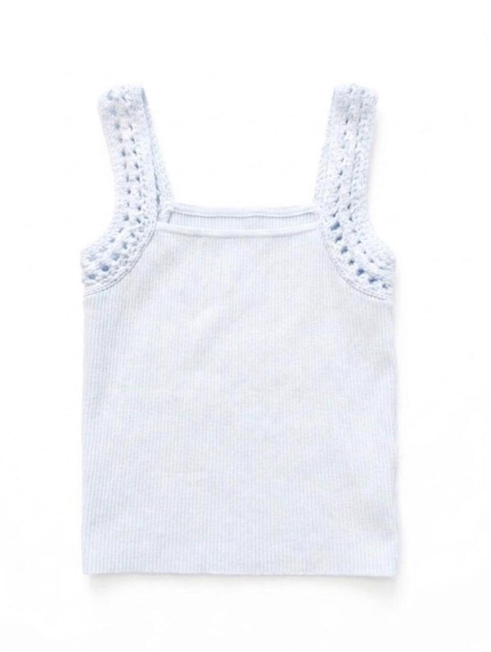 Aerie pastel blue ribbed knit tank top with crocheted straps, size XS